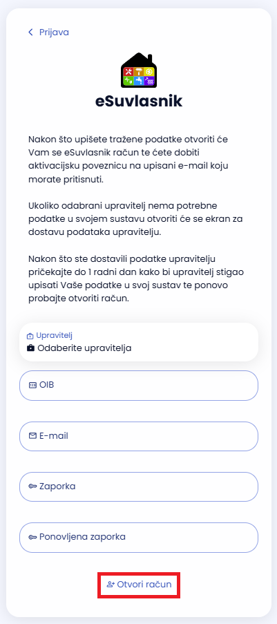Otvaranje eSuvlasnik računa - traženi podaci