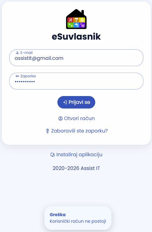 Prijava u eSuvlasnik - pogrešni podaci